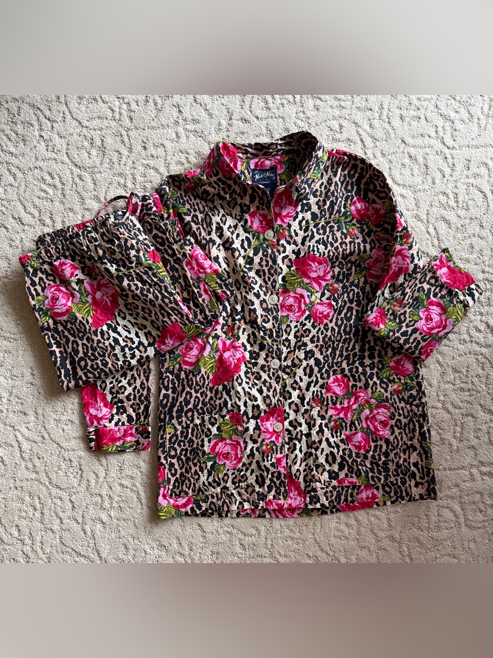 Nick & Nora Vintage Pajama Set Large Jungle Floral Leopard Print Button-Up